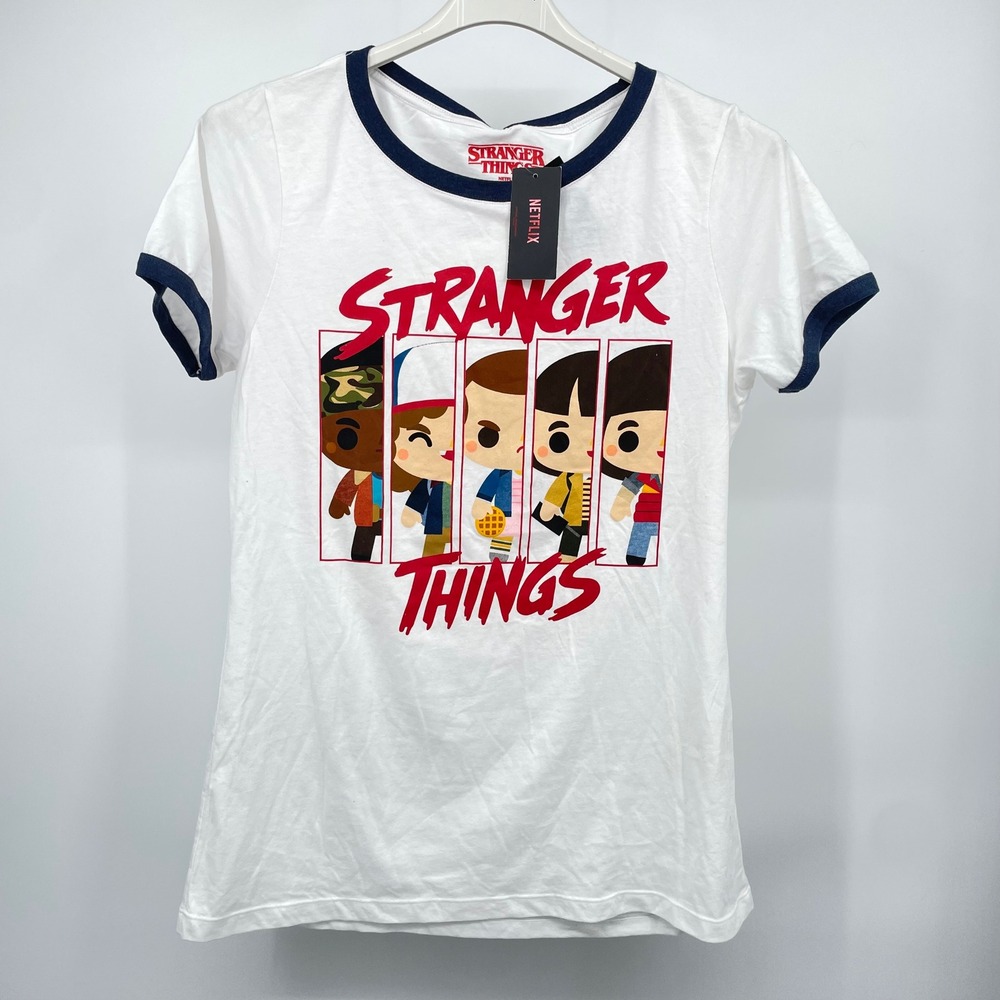 Stranger Things Hot Topic Chibi Group Graphic Ringer Tee White Navy XL Slim Fit